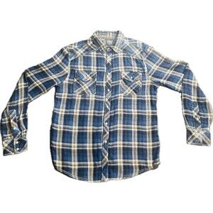 BKE Buckle Western Pearl Snaps Shirt Blue Plaid Flannel Men’s Size Medium